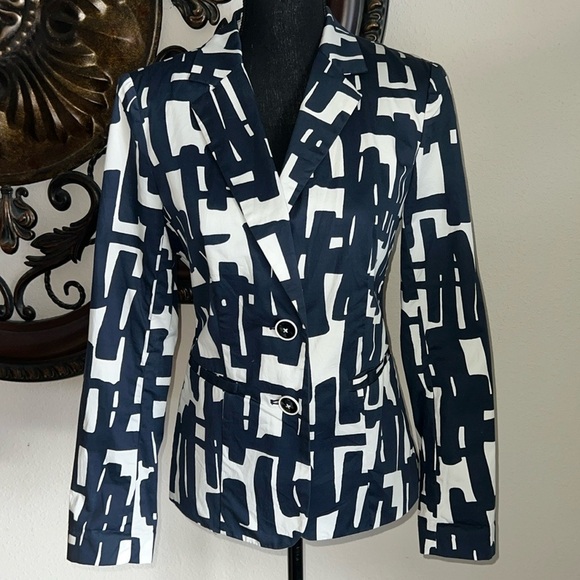 Paperwhite by Anthropologie Woman’s Blue White Geometric Single Breast Blazer 8 - Picture 1 of 13